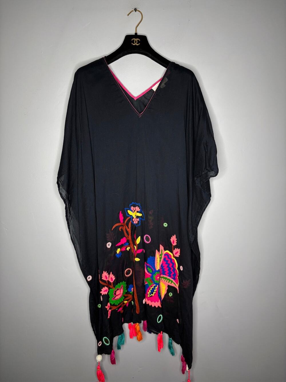 Love Stitch Black Floral Embroidered Kimono Boho Kaftan Cover Up One Size OS
